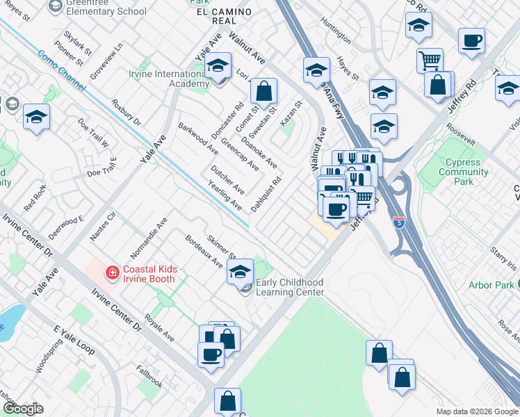 map of restaurants, bars, coffee shops, grocery stores, and more near 14912 Dahlquist Road in Irvine