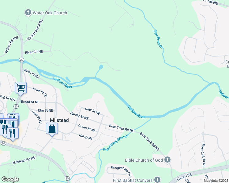 map of restaurants, bars, coffee shops, grocery stores, and more near 1860 Boar Tusk Road Northeast in Conyers