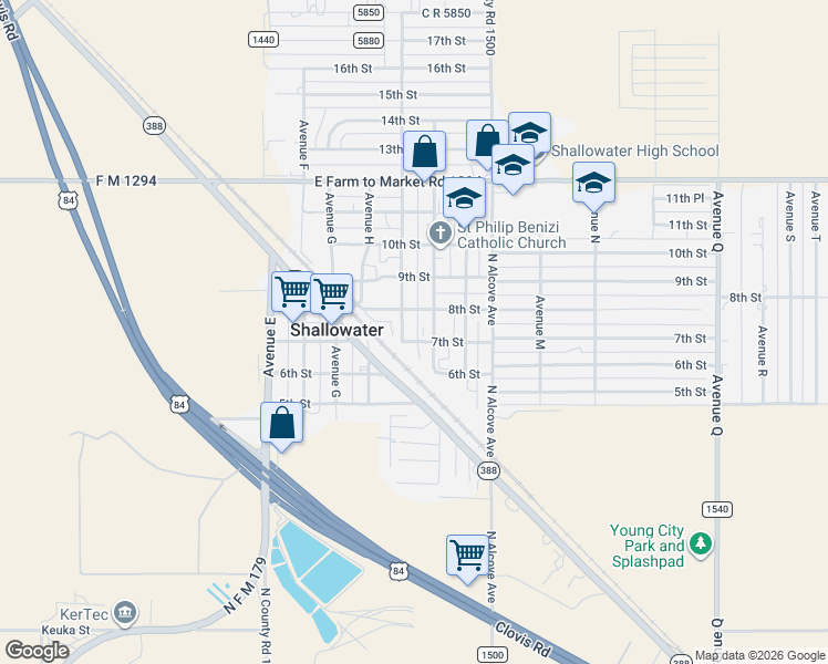 map of restaurants, bars, coffee shops, grocery stores, and more near 900-998 7th St in Shallowater