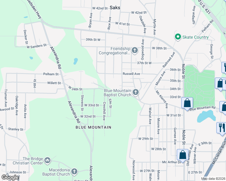 map of restaurants, bars, coffee shops, grocery stores, and more near West Blue Mountain Road in Anniston
