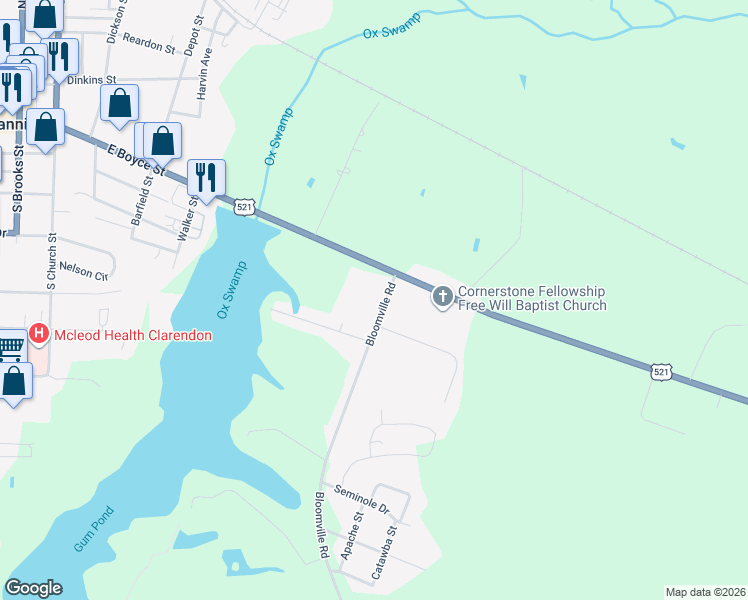 map of restaurants, bars, coffee shops, grocery stores, and more near 1124 Bloomville Road in Manning