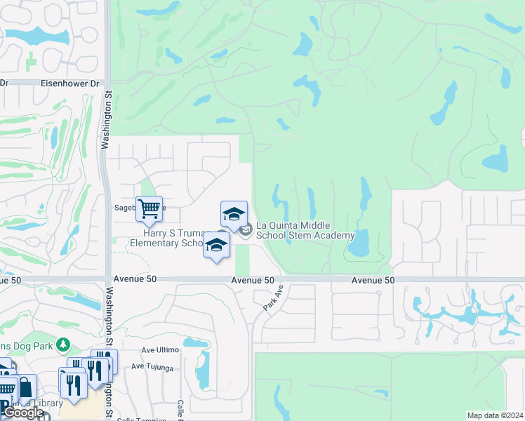 map of restaurants, bars, coffee shops, grocery stores, and more near 49560 Mission Drive West in La Quinta