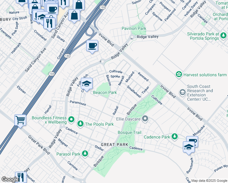 map of restaurants, bars, coffee shops, grocery stores, and more near 105 Newall in Irvine