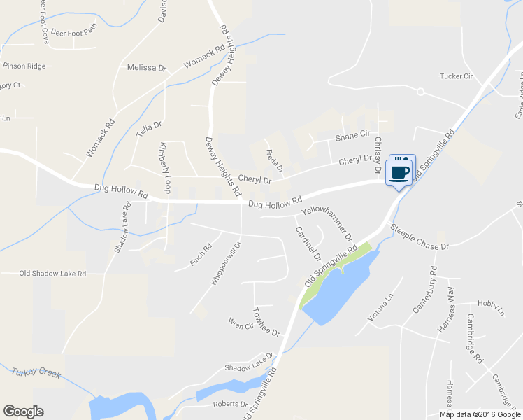 map of restaurants, bars, coffee shops, grocery stores, and more near 6377 Yellowhammer Drive in Dixiana
