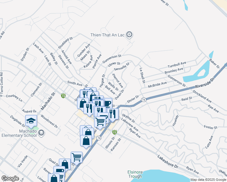 map of restaurants, bars, coffee shops, grocery stores, and more near 16942 Bell Avenue in Lake Elsinore