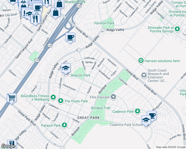 map of restaurants, bars, coffee shops, grocery stores, and more near 106 Newall in Irvine