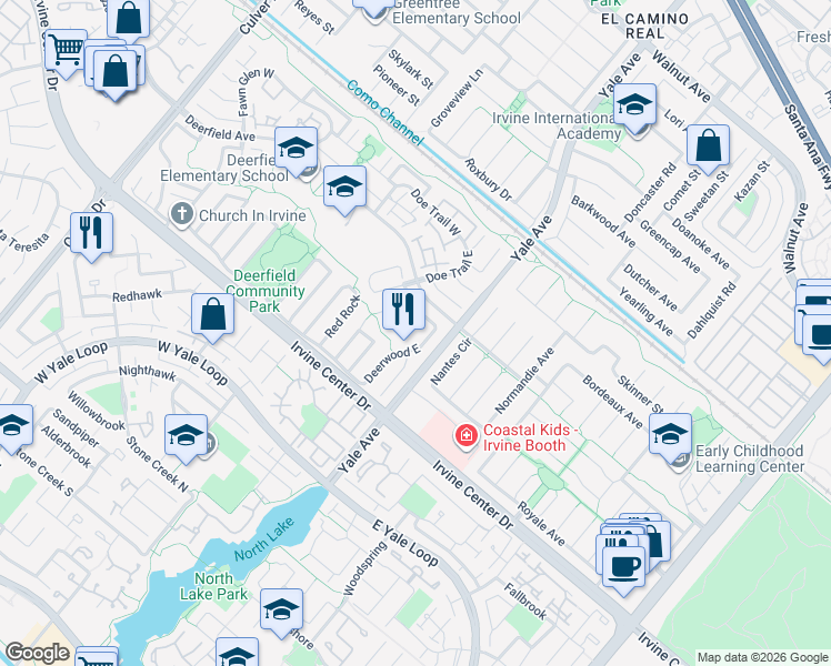 map of restaurants, bars, coffee shops, grocery stores, and more near 19 Deerwood East in Irvine