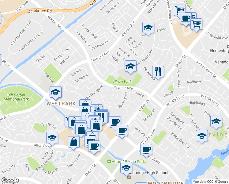 map of restaurants, bars, coffee shops, grocery stores, and more near 16 Santa Cruz Aisle in Irvine