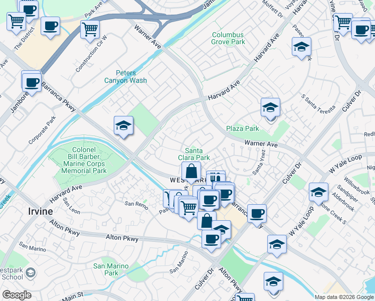 map of restaurants, bars, coffee shops, grocery stores, and more near 475 Santa Louisa in Irvine