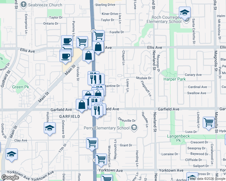map of restaurants, bars, coffee shops, grocery stores, and more near 18861 Carolyn Lane in Huntington Beach