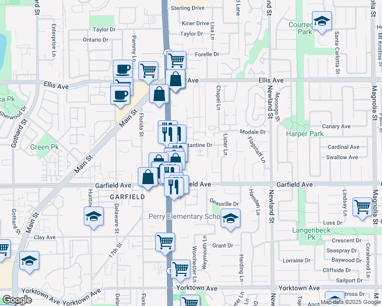 map of restaurants, bars, coffee shops, grocery stores, and more near 18882 Valley Circle in Huntington Beach