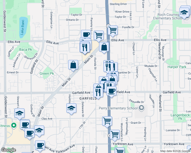 map of restaurants, bars, coffee shops, grocery stores, and more near 18881 Beach Boulevard in Huntington Beach