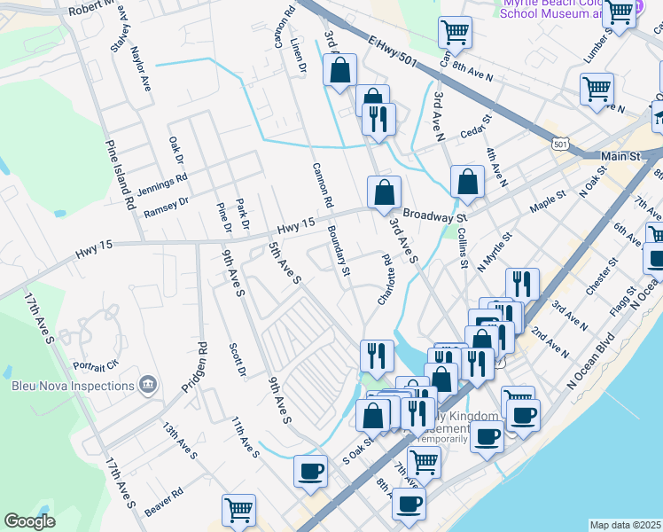 map of restaurants, bars, coffee shops, grocery stores, and more near 52 Columbia Drive in Myrtle Beach