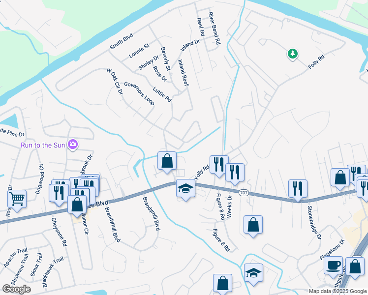map of restaurants, bars, coffee shops, grocery stores, and more near 608 Geddings Drive in Myrtle Beach