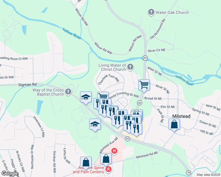 map of restaurants, bars, coffee shops, grocery stores, and more near 411 Yellow River Lane Northwest in Conyers