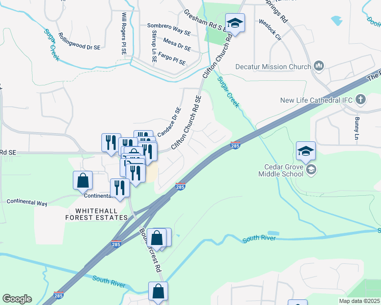 map of restaurants, bars, coffee shops, grocery stores, and more near 3283 Sugar Creek Falls Avenue Southeast in Atlanta
