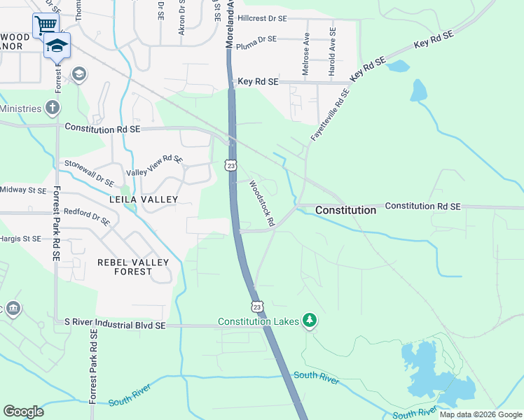 map of restaurants, bars, coffee shops, grocery stores, and more near 3301 Woodstock Road in Atlanta