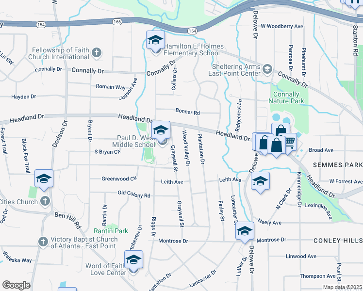 map of restaurants, bars, coffee shops, grocery stores, and more near 2435 Wood Valley Drive in East Point