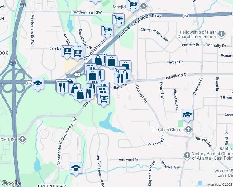 map of restaurants, bars, coffee shops, grocery stores, and more near 2440 McAlpine Terrace in East Point