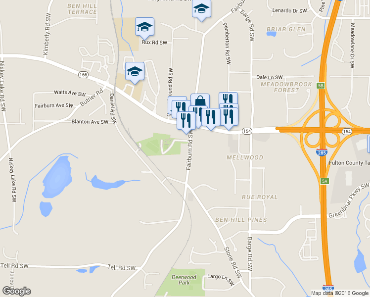 map of restaurants, bars, coffee shops, grocery stores, and more near 2426 Fairburn Road Southwest in Atlanta