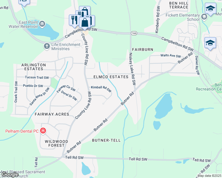 map of restaurants, bars, coffee shops, grocery stores, and more near 4361 Kimball Road Southwest in Atlanta