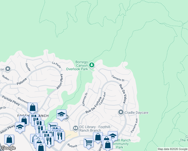 map of restaurants, bars, coffee shops, grocery stores, and more near 5 Monserrat Place in Lake Forest