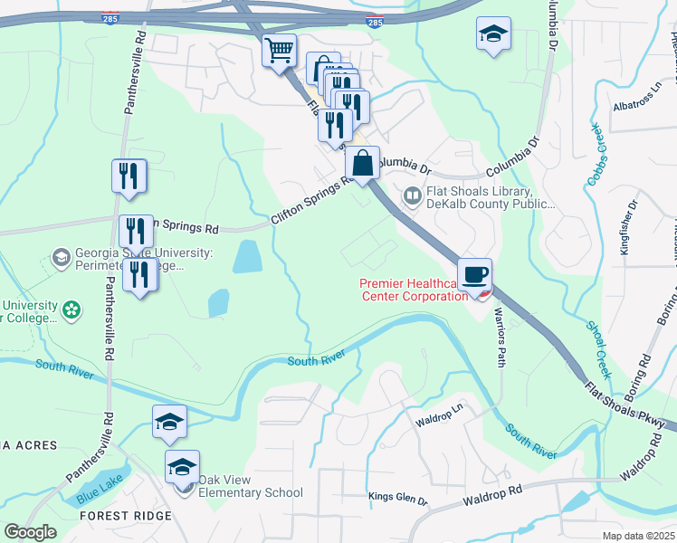 map of restaurants, bars, coffee shops, grocery stores, and more near 3101 Clifton Springs Road in Decatur