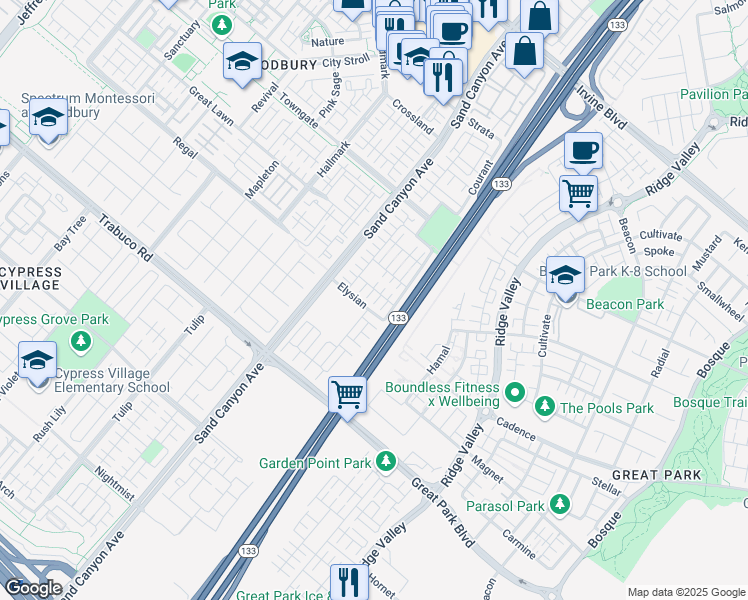 map of restaurants, bars, coffee shops, grocery stores, and more near 120 Blaze in Irvine