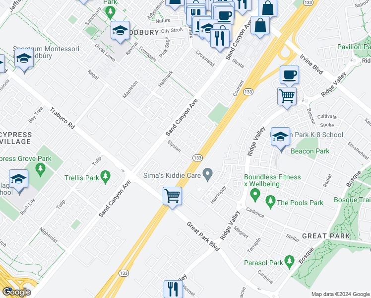 map of restaurants, bars, coffee shops, grocery stores, and more near 120 Blaze in Irvine