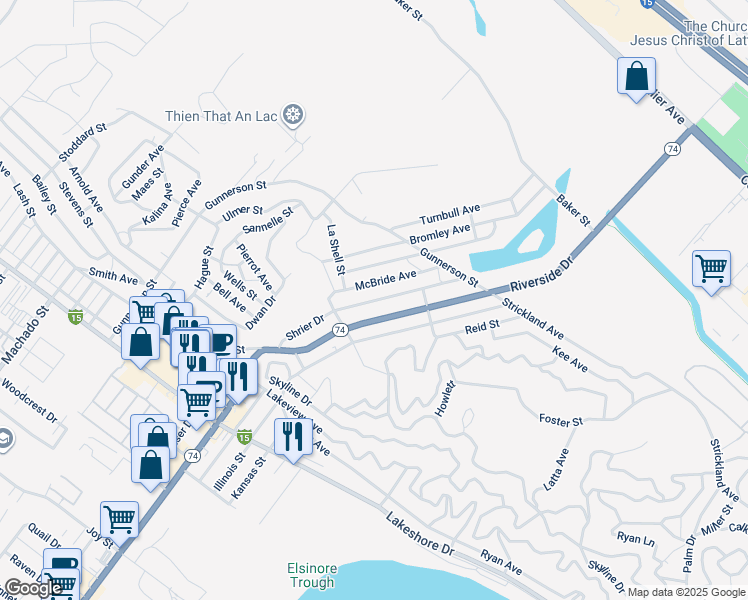 map of restaurants, bars, coffee shops, grocery stores, and more near Shrier Drive in Lake Elsinore