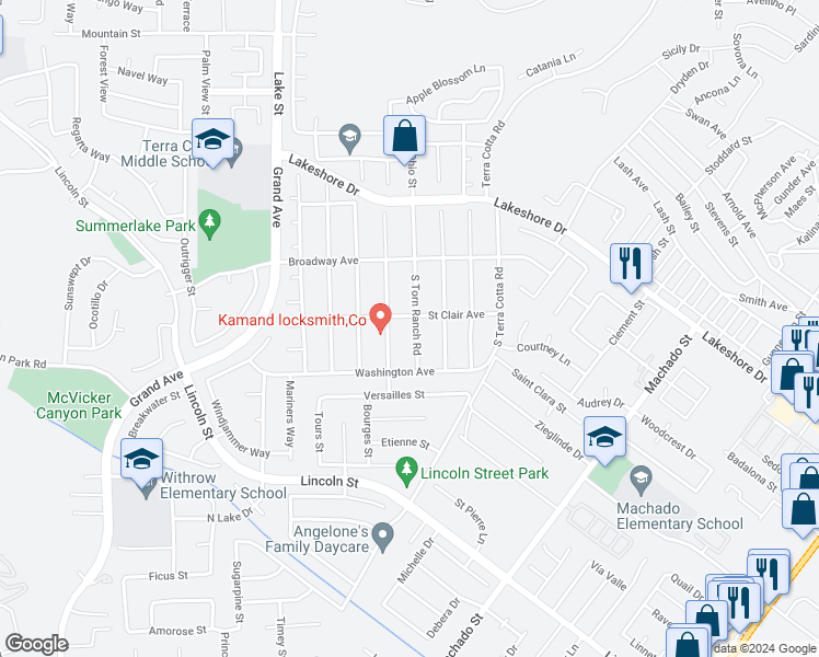 map of restaurants, bars, coffee shops, grocery stores, and more near 229 South Torn Ranch Road in Lake Elsinore