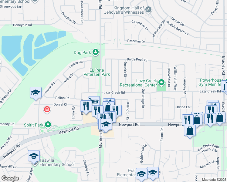 map of restaurants, bars, coffee shops, grocery stores, and more near 26161 Lazy Creek Road in Menifee