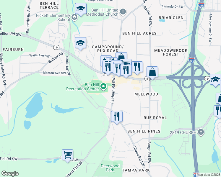 map of restaurants, bars, coffee shops, grocery stores, and more near 2426 Fairburn Road Southwest in Atlanta
