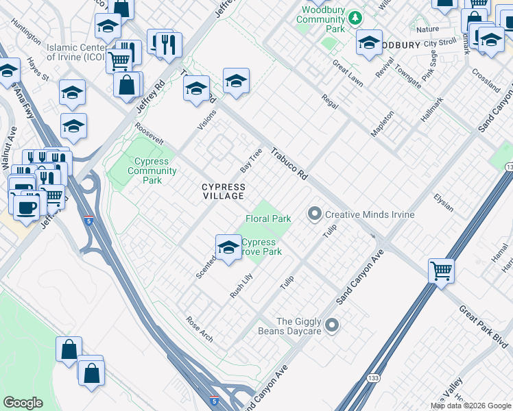 map of restaurants, bars, coffee shops, grocery stores, and more near Gardenstone Path in Irvine