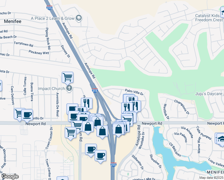 map of restaurants, bars, coffee shops, grocery stores, and more near 27997 Palm Villa Drive in Menifee