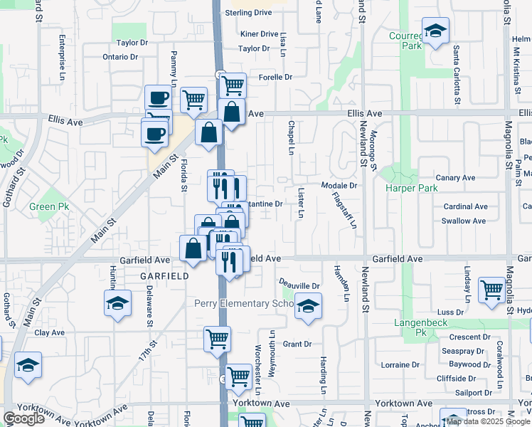 map of restaurants, bars, coffee shops, grocery stores, and more near 8206 Constantine Drive in Huntington Beach