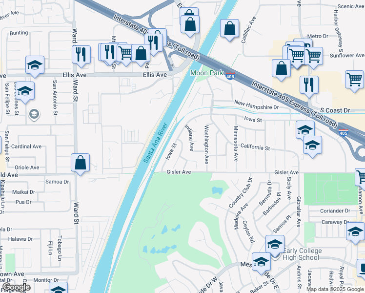 map of restaurants, bars, coffee shops, grocery stores, and more near 3202 New York Avenue in Costa Mesa