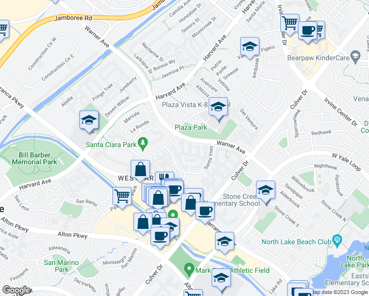 map of restaurants, bars, coffee shops, grocery stores, and more near 12 Santa Monica Aisle in Irvine