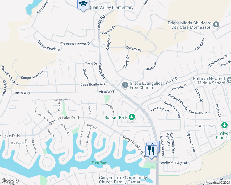 map of restaurants, bars, coffee shops, grocery stores, and more near 23991 Vista Way in Canyon Lake