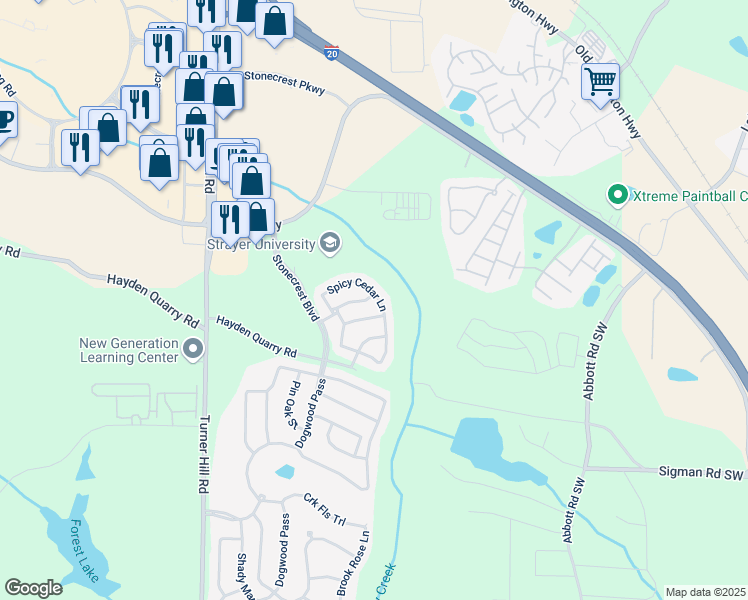 map of restaurants, bars, coffee shops, grocery stores, and more near 7633 Summer Berry Lane in Stonecrest