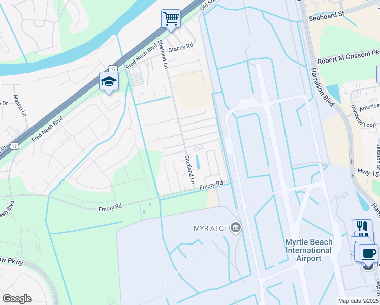 map of restaurants, bars, coffee shops, grocery stores, and more near 3060 Shetland Lane in Myrtle Beach