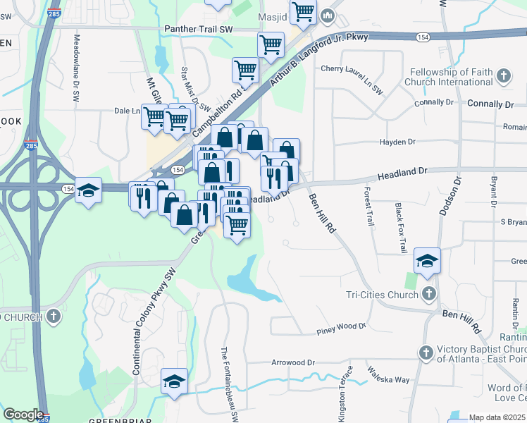 map of restaurants, bars, coffee shops, grocery stores, and more near 2440 McAlpine Terrace in East Point