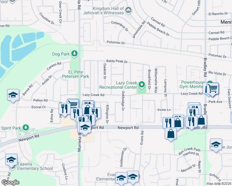 map of restaurants, bars, coffee shops, grocery stores, and more near 26371 Lazy Creek Road in Menifee