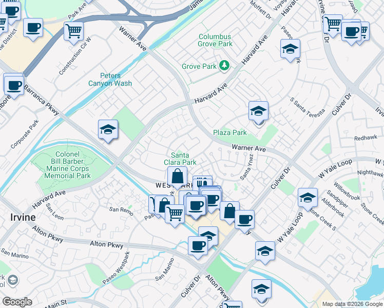 map of restaurants, bars, coffee shops, grocery stores, and more near 1701 Reggio Aisle in Irvine