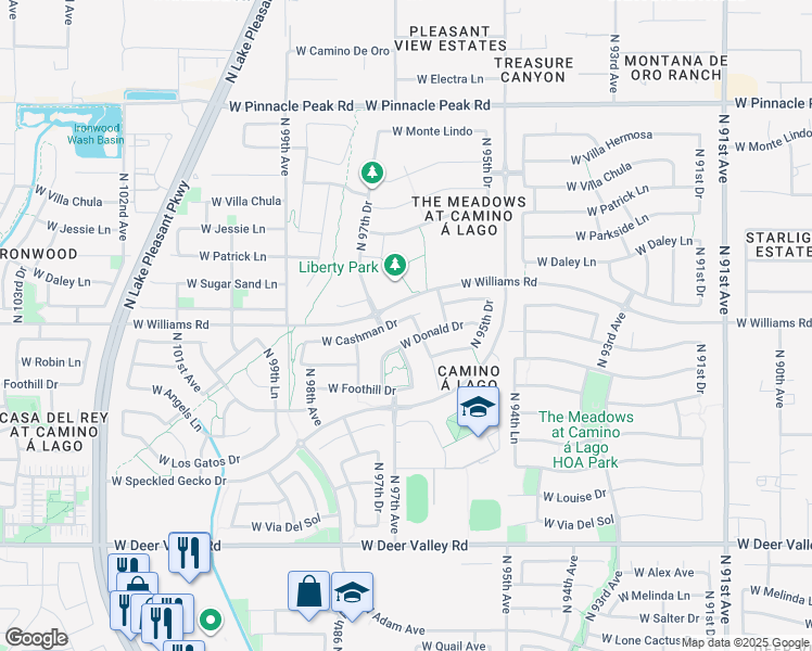 map of restaurants, bars, coffee shops, grocery stores, and more near 9642 West Donald Drive in Peoria
