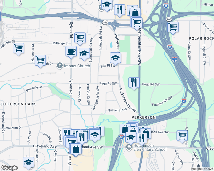 map of restaurants, bars, coffee shops, grocery stores, and more near 2431 Spring Garden Drive Southwest in Atlanta