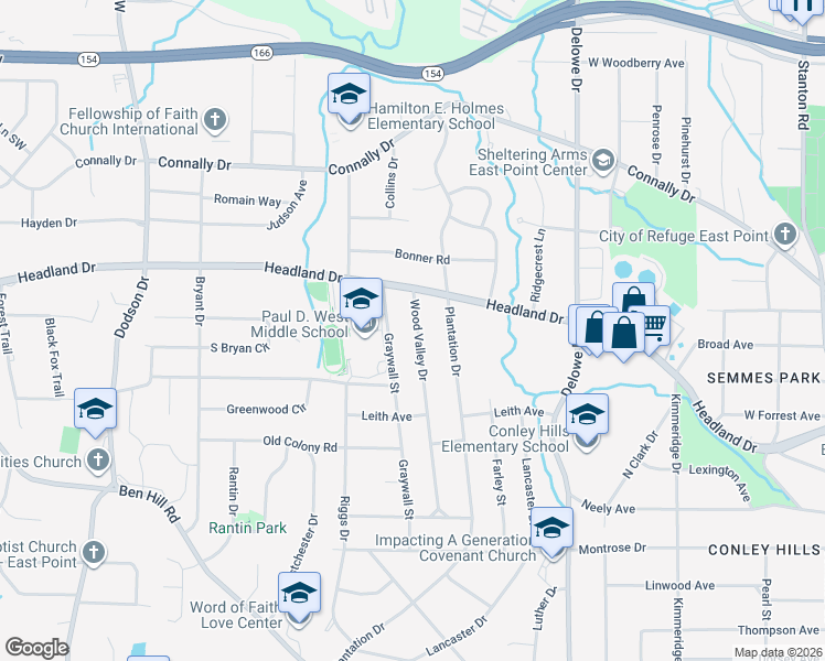 map of restaurants, bars, coffee shops, grocery stores, and more near 2449 Wood Valley Drive in East Point