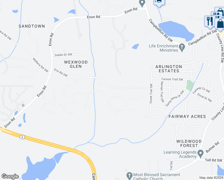 map of restaurants, bars, coffee shops, grocery stores, and more near 4968 Erin Road Southwest in Atlanta