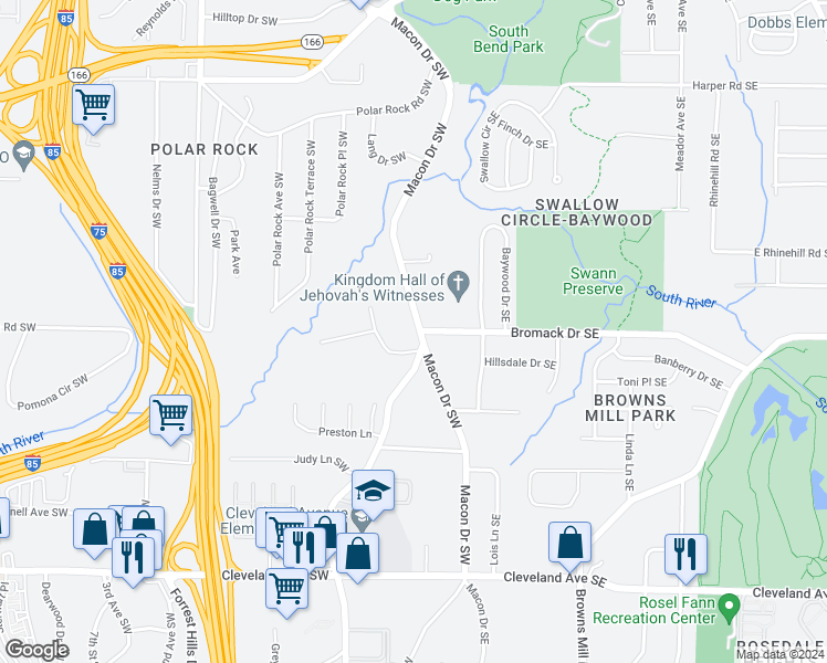 map of restaurants, bars, coffee shops, grocery stores, and more near 2401 Macon Drive Southwest in Atlanta