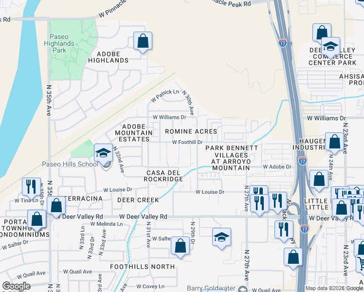 map of restaurants, bars, coffee shops, grocery stores, and more near 2965 West Foothill Drive in Phoenix
